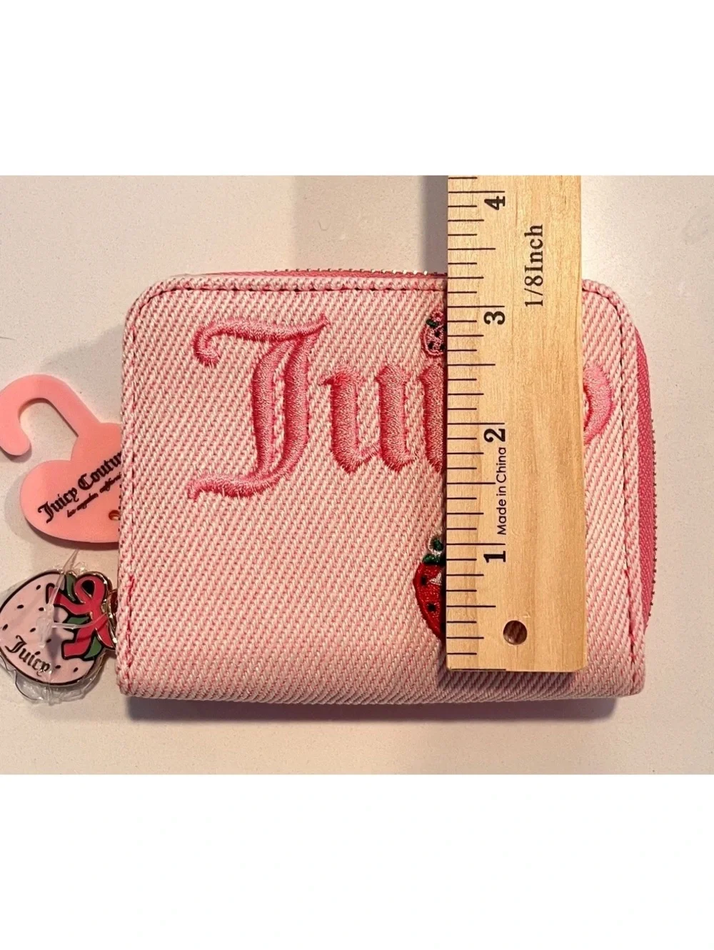Juicy Couture Berry Sweet Strawberry Denim Zip Around Wallet Pink Y2K Embroider